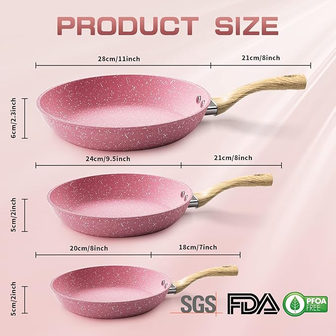 Frying Pan Nonstick Set, 8" & 9.5" & 11" Pink Egg Pan, Non Stick Fry Pan Set PFOA-Free Omelet Pan, Toxin-Free Skillets Stone Cookware, Anti-Warp Base with All Stove Tops Available,Induction Compatible