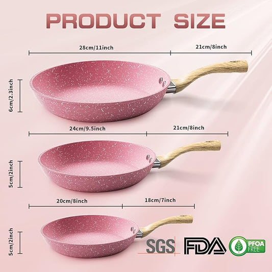 Frying Pan Nonstick Set, 8" & 9.5" & 11" Pink Egg Pan, Non Stick Fry Pan Set PFOA-Free Omelet Pan, Toxin-Free Skillets Stone Cookware, Anti-Warp Base with All Stove Tops Available,Induction Compatible