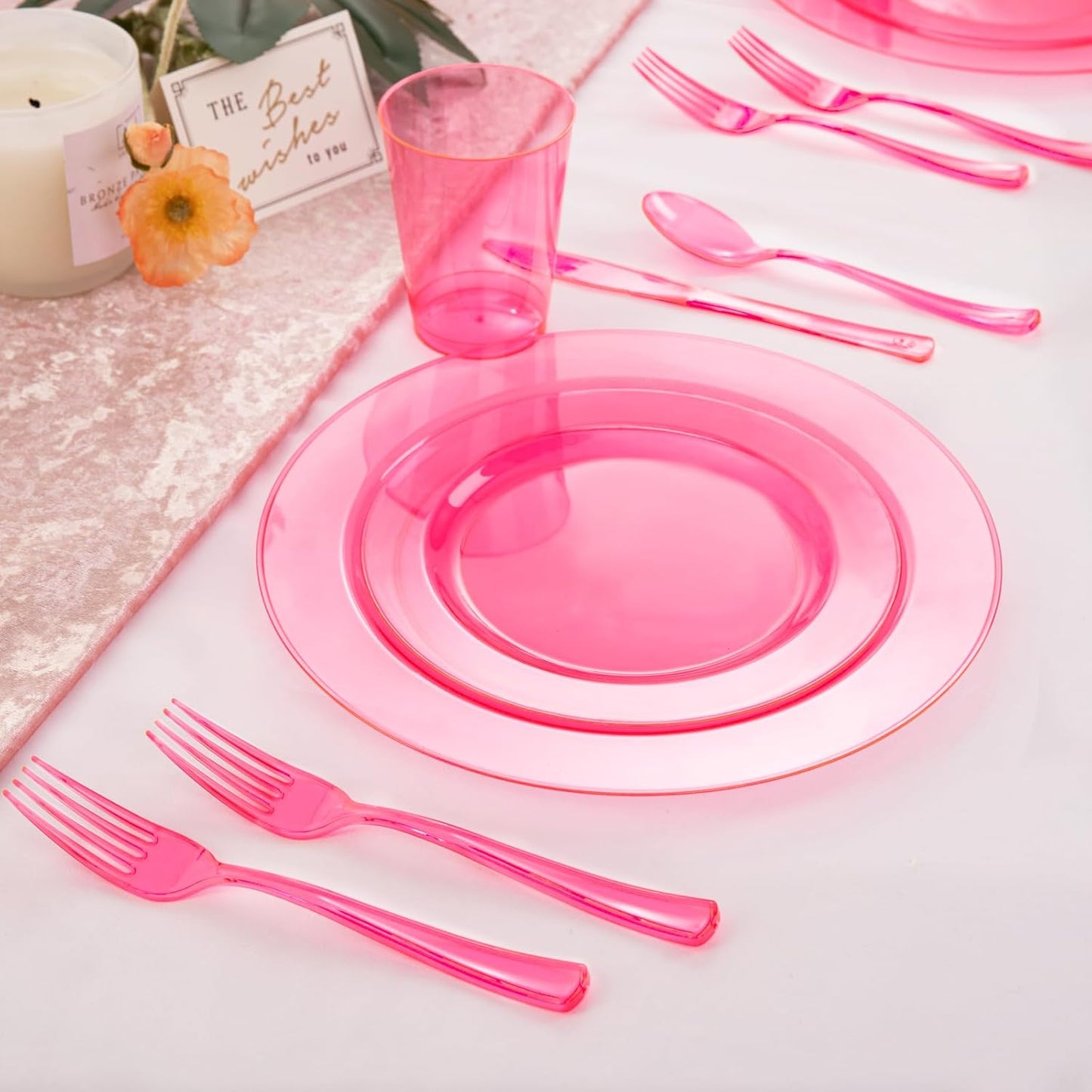 WDF 25 Guest Pink Plates with Pink Plastic Silverware&Pink Cups-Neon Clear Disposable Dinnerware include 50 Plates,25Forks, 25 Knives, 25 Spoons,25 Plastic Cups for Party and Baby Shower