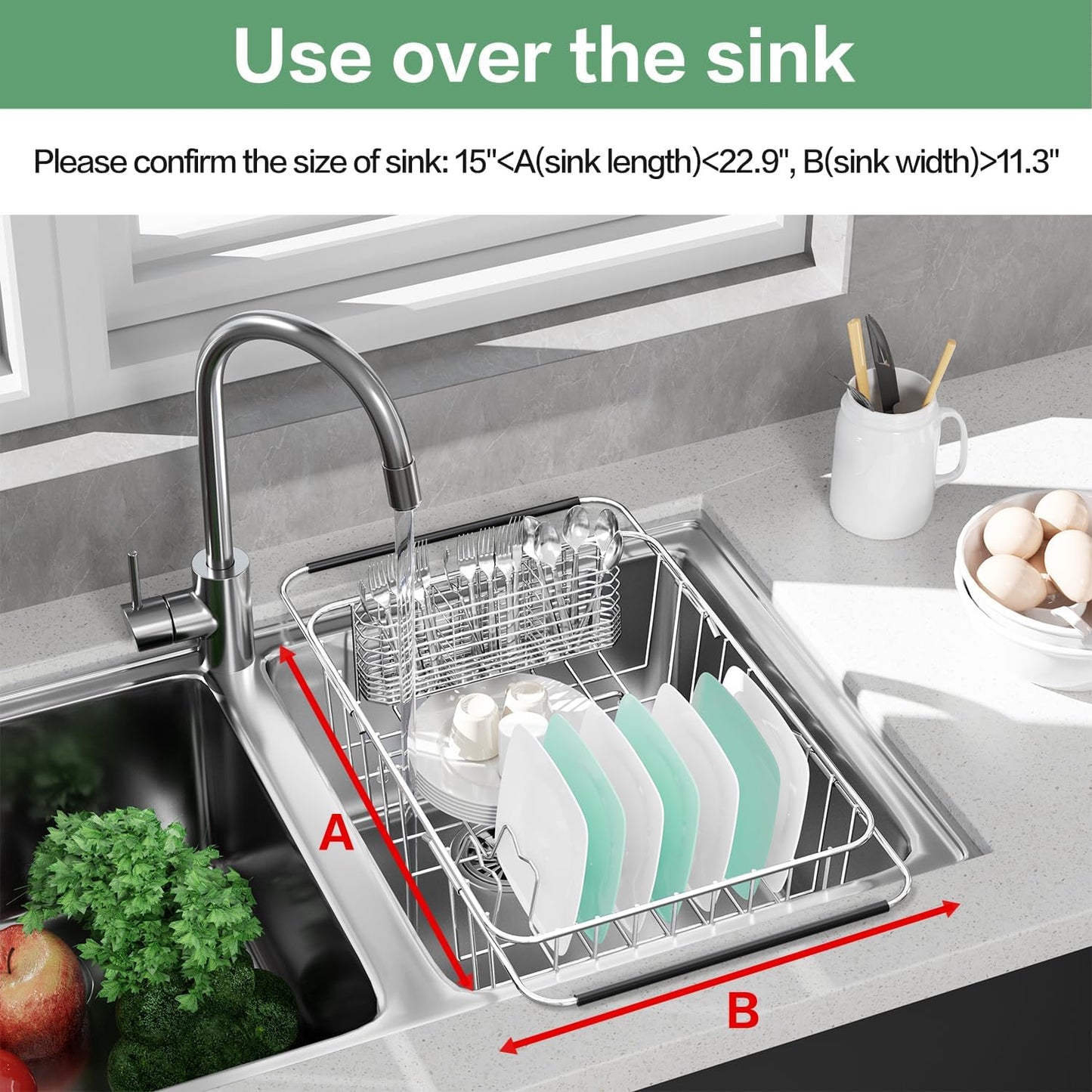 Large Dish Drainer Rack in Sink Adjustable, Expandable 304 Stainless Steel Metal Dish Drying Rack Organizer with Stainless Steel Utensil Holder Over Inside Sink Counter, Rustproof