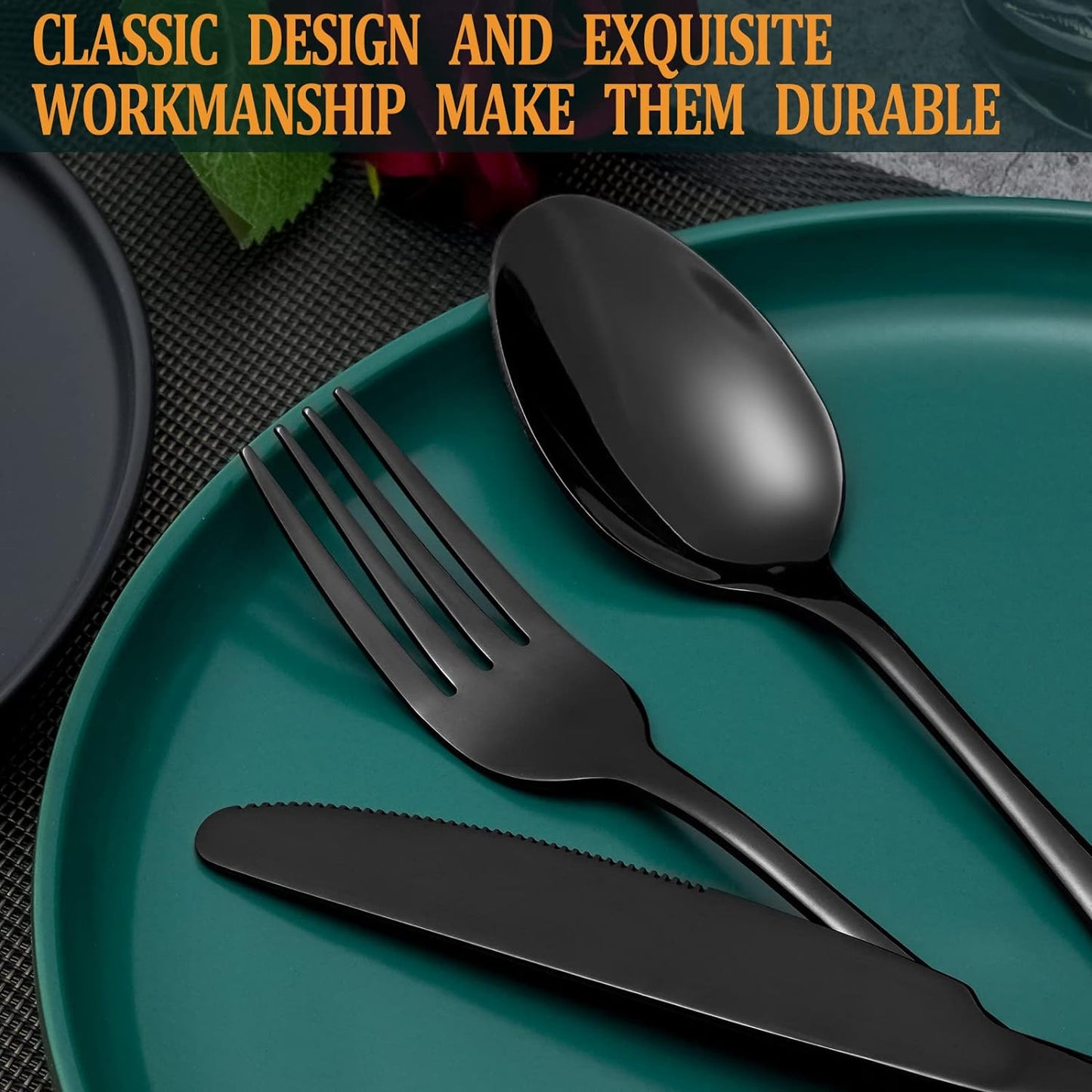 40 Pcs Black Silverware Set, Stainless Steel Flatware Set for 8, Food-Grade Cutlery Set, Mirror Polished Tableware Eating Utensils Set for Home Kitchen, Include Knife Fork Spoon Set, Dishwasher Safe