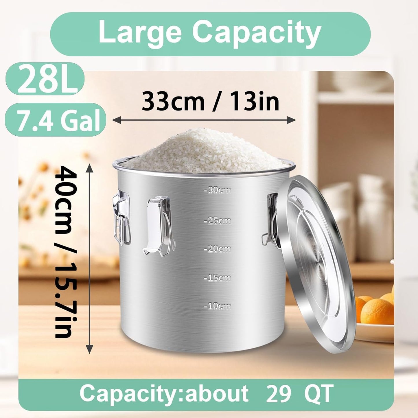 304 Stainless Steel Airtight Canister, 28L/7.4Gal Large Food Storage Containers with Lids and 4 Lock Clips Rice Cereal Grain, Oil Storage Bucket for Household Kitchen Bar Restaurants