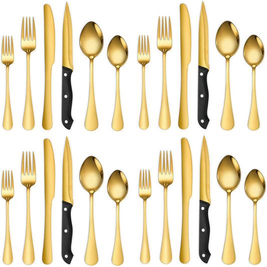 Gold Flatware Set For 4 Silverware Stainless Steel Forks and Spoons Knives Cutlery 24 Pieces Kitchen Utensils Parties Festival Casual or Formal Occasions