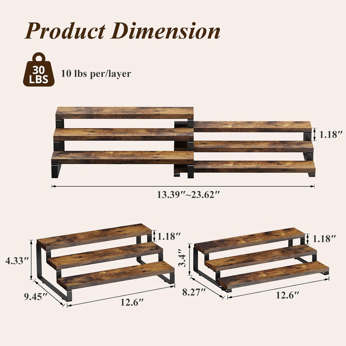 Spice Rack Organizer for Cabinet, 3 Tier Wooden Display Riser Stand, Rustic Cologne Stand for Men, Tiered Perfume Holder, Display Shelf for Candles (Set of 2)