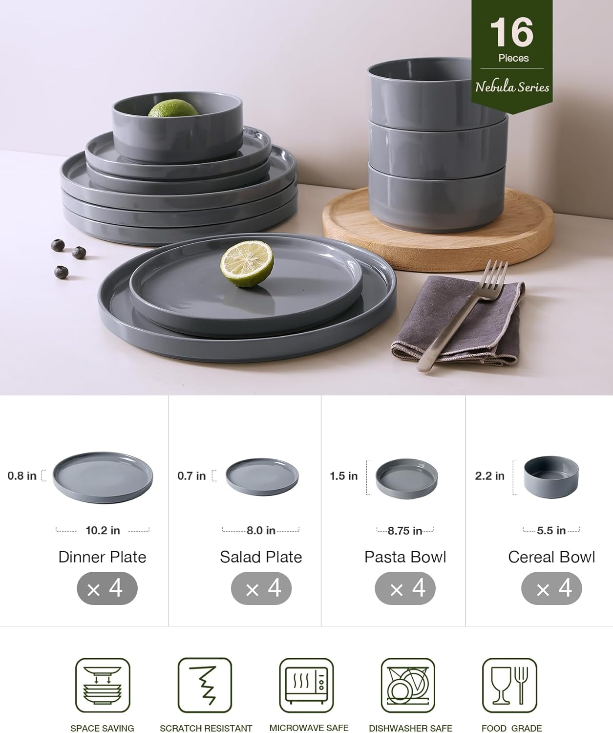 Famiware Nebula Dinnerware Set with Pasta Bowls, Service for 4 (16pcs), Fine Stoneware Plates and Bowls Sets, Microwave and Dishwasher Safe Dishes Set, Dark Gray