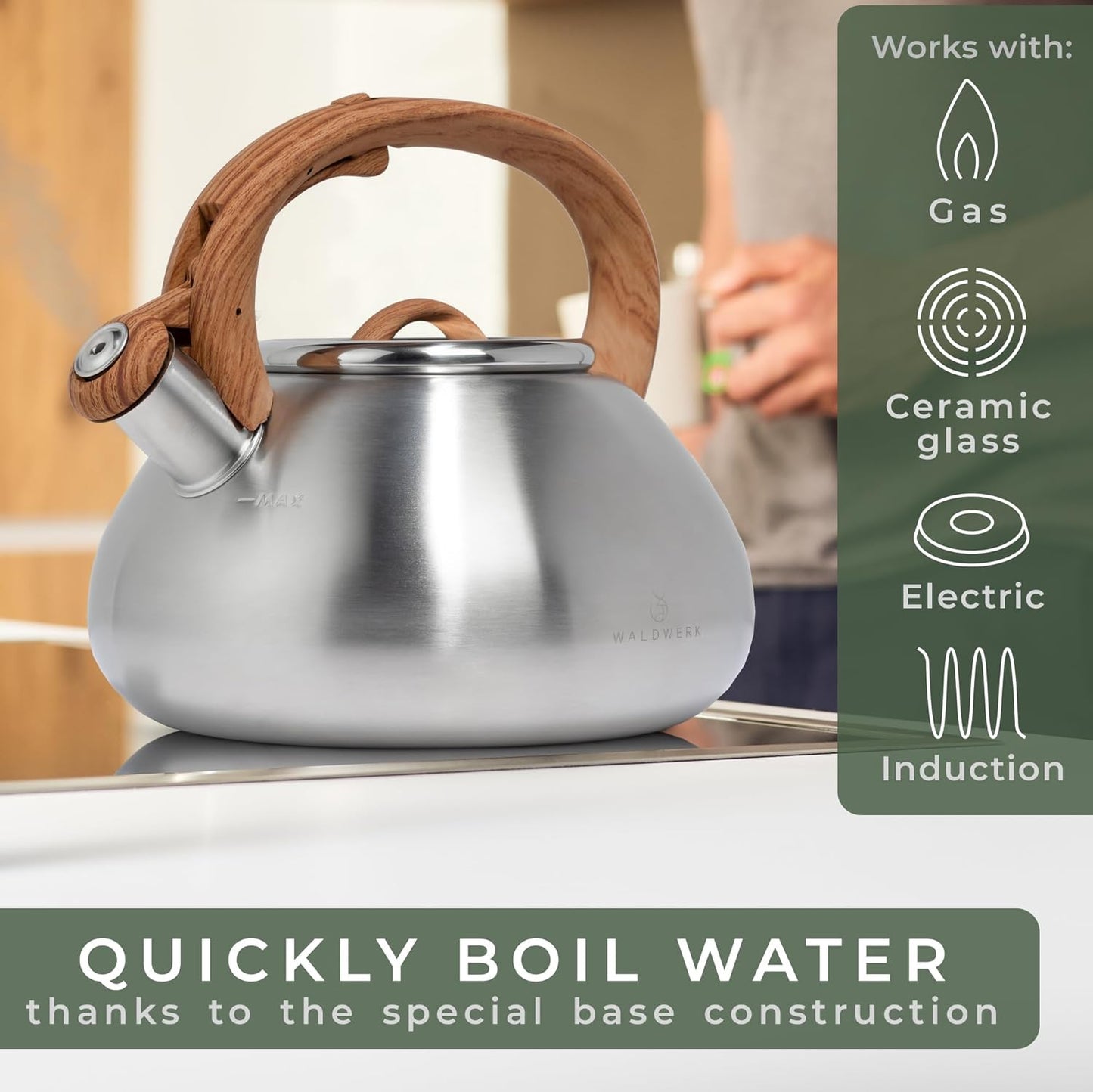 WALDWERK Tea Kettle Stovetop (2.4 Quart) - Teapot for Stovetop - also for Induction and Gas Stoves - Stainless Steel Tea Kettle - Whistling Tea Kettle for Stove Top