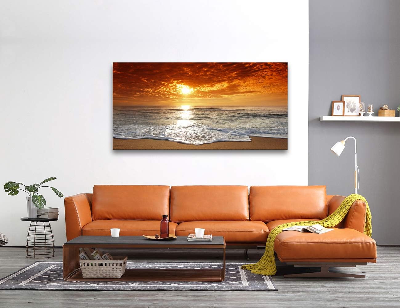 Muolunna S04650 Canvas Prints Wall Art Sunset Ocean Beach Pictures Photo Paintings for Living Room Bedroom Home Decorations Stretched and Framed Ready to Hang Seascape Waves Artwork 20x40inch