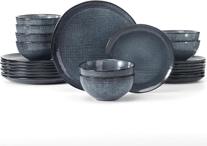 Famiware Moonlight Plates and Bowls Sets, 24 Pieces Stoneware Dinnerware Sets with Linen Finish, Dishware set for 8, Microwave and Dishwasher Safe, Chip and Scratch Resistant, Dark Blue