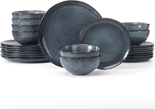 Famiware Moonlight Plates and Bowls Sets, 24 Pieces Stoneware Dinnerware Sets with Linen Finish, Dishware set for 8, Microwave and Dishwasher Safe, Chip and Scratch Resistant, Dark Blue