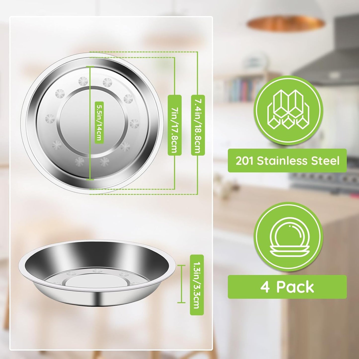 Patterned Deep Stainless Steel Plates, 4 Set 7 inch 201 Metal Food Serving Plate, Reusable Snack Eating Dishes Round Shatterproof Silver Dinnerware for BBQ Dinner Oven Dishwasher Safe