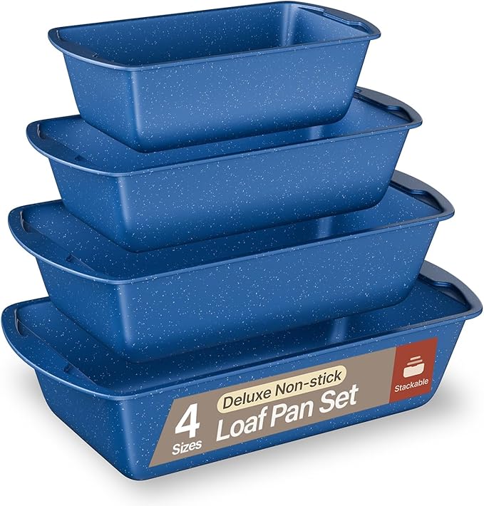 Nonstick Loaf Pan Set Pack of 4, 7" to 11" Large Baking Bread Pan, Oven Safe Up to 450°F, PFOA, PFOS, PTFE Free, Space Saving Stackable Design, Stain Resistant, Dishwasher Friendly, Blue Marble