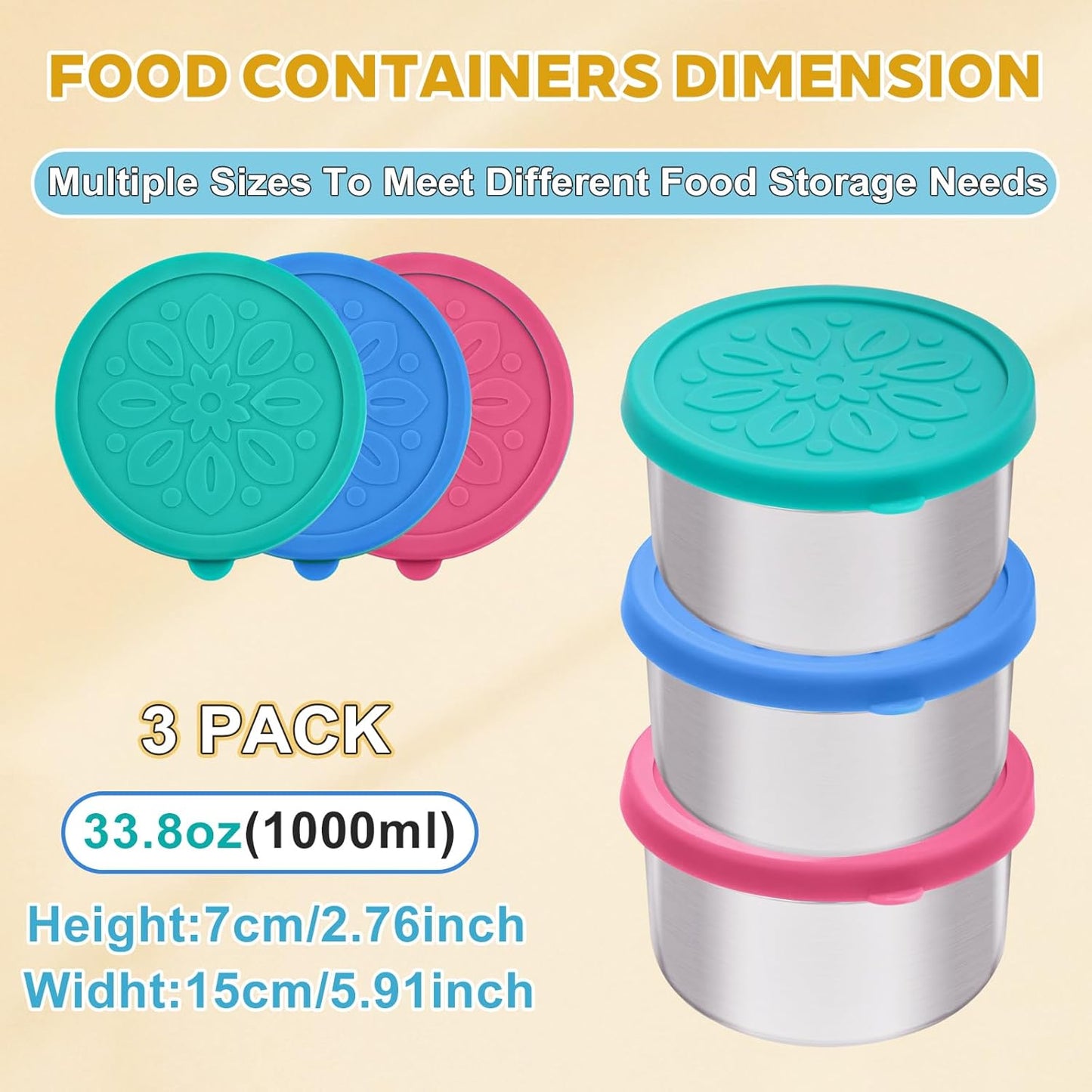 Cmonie 3Pack Stainless Steel Containers with Lids,10/20/33 oz Easy Open Leak Proof Metal Snack Containers,Food Storage Bento Box for Snacks, Fruits (3Pcs-33 oz)
