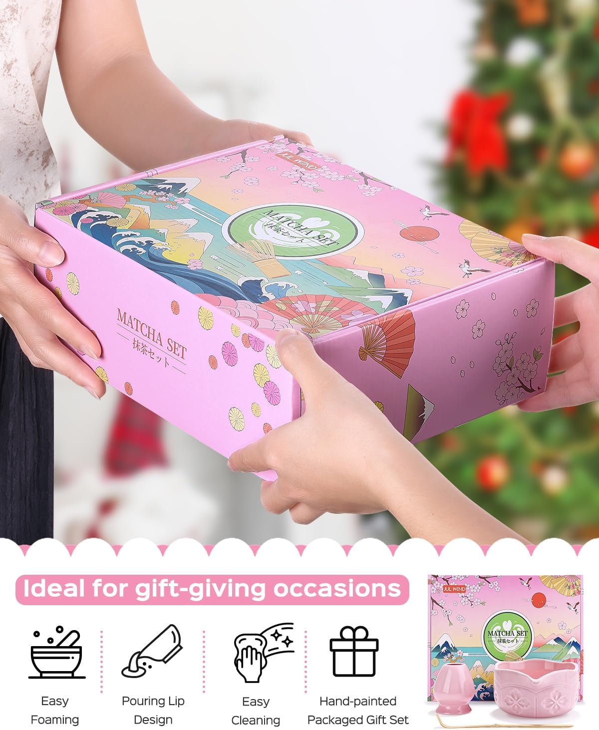 Matcha Whisk Set, Ceramic Matcha Set Includes Matcha Bowl with Spout, Matcha Whisk and Holder (Pink, 3Pcs/set)