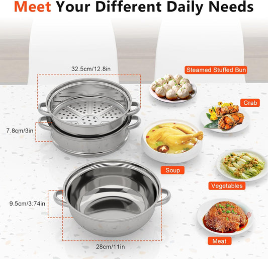 3-Tier Stainless Steel Steamer Pot 28cm Meat Vegetable Cooking Kitchen Steamer Cooker Multi-Layer Food Cookware with Handle for Gas Electric Stove Dumpling Stock Sauce