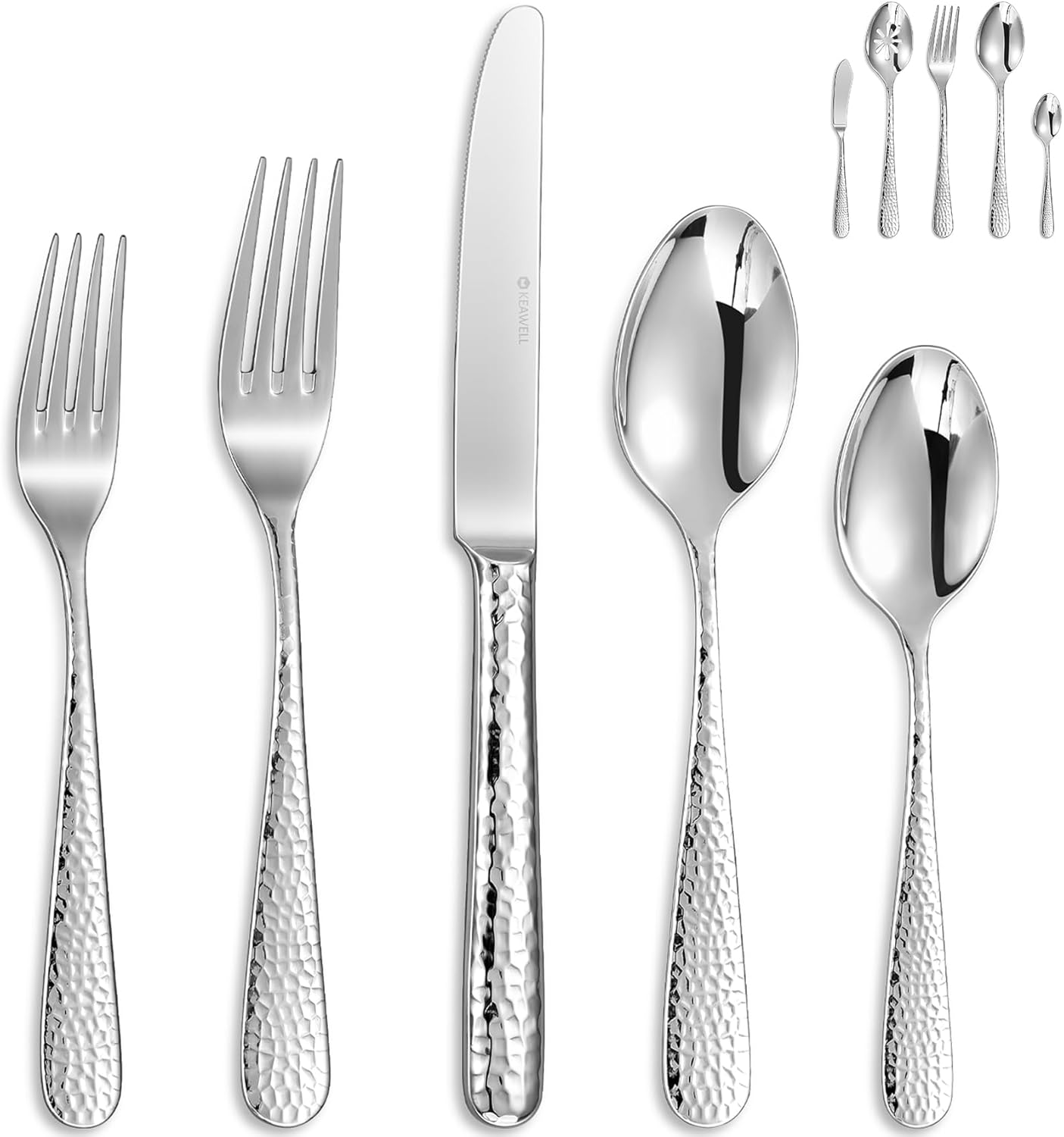 KEAWELL Premium 20/45/65 Piece Louise Hammered Silverware Set with Round Edge, 18/10 Stainless Steel, Service for 4/8/12, Fine Flatware Set, Dishwasher Safe (65)