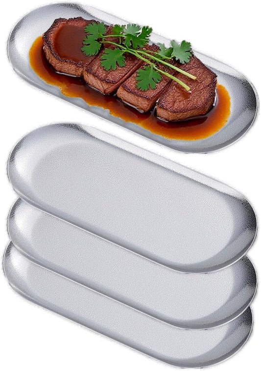 8.5X3.7 inch ellipse Appetizer Plates,thick stainless steel Dinner Plates, Pasta Dessert Plates for Sushi, Fruit oven/Dishwasher Safe, Set of 4,silver