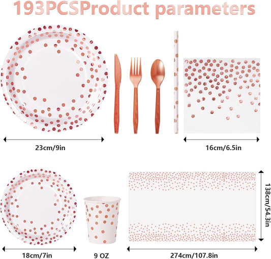 Paper Plates and Napkins Set, 193 Pieces Rose Gold Party Supplies Includes Paper Plates Cups Napkins Straws and Cutlery for Birthday Wedding Holidays Parties Decorations-24 Guests