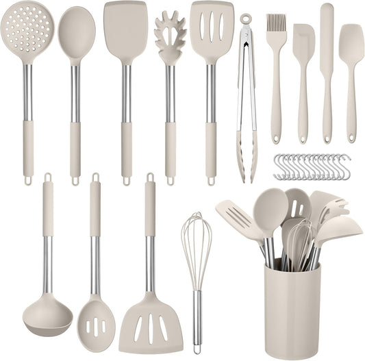 HaWare 29 PCS Silicone Cooking Utensils Set, Heat Resistant Kitchen Utensils Set with Stainless Steel Handle, Spatula Sets with Holder and Hooks, Kitchen Tools Gadgets for Nonstick Cookware -Khaki