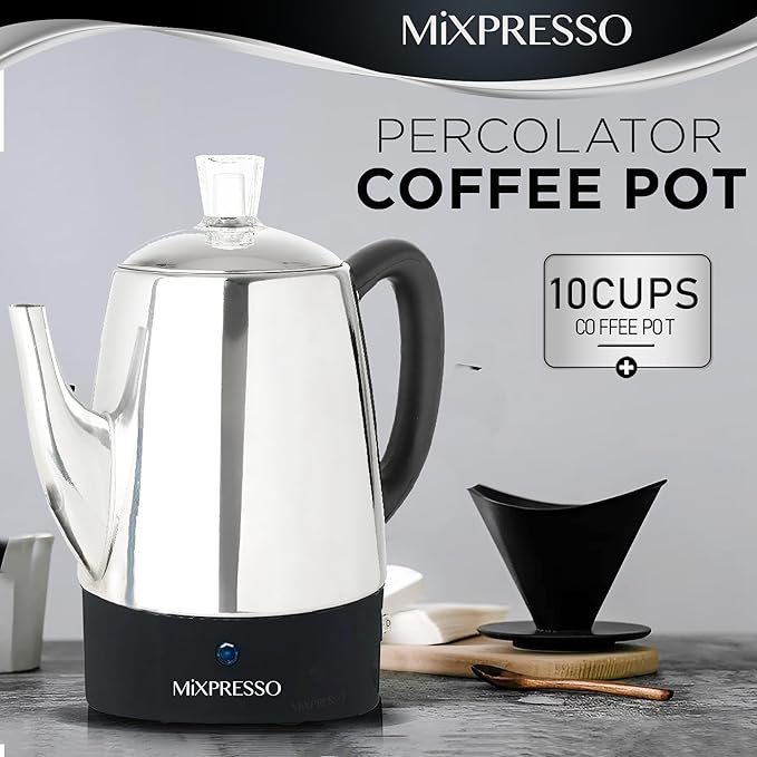Mixpresso 10 Cup Percolator Coffee Pot Electric, Stainless Steel Coffee Percolator Electric With Keep Warm Function, Classic Perculator Pot With Removable Basket for Home or Office