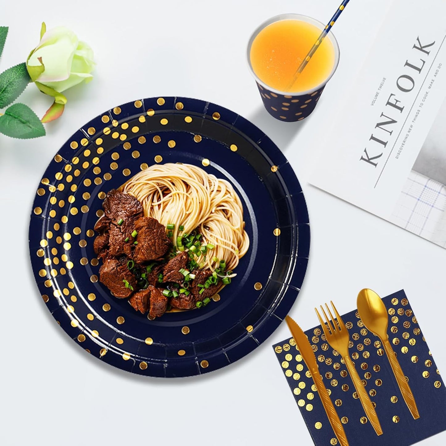 Paper Plates and Napkins Set, 193 Pieces Navy Blue Gold Party Supplies Includes Paper Plates Cups Napkins Straws and Cutlery for Birthday Wedding Holidays Parties Decorations-24 Guests