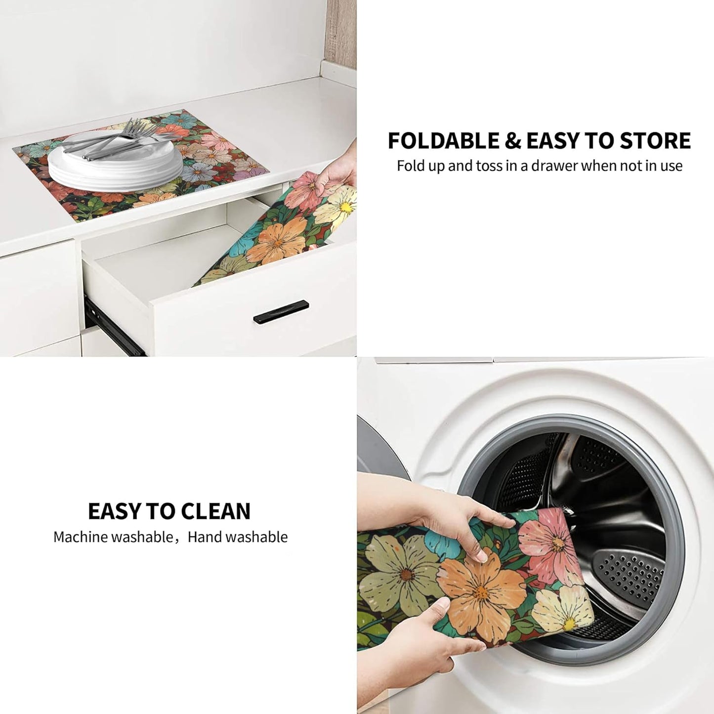 Colorful Wildflowers Dish Drying Mat for Kitchen Counter, 16"x18" Microfiber Absorbent Fast Dry Mat, 2Pcs Dish Mat Faucet Mats Sets, Large Drying Kitchen Mat Kitchen Drying Pad Coffee Bar Decor Gifts