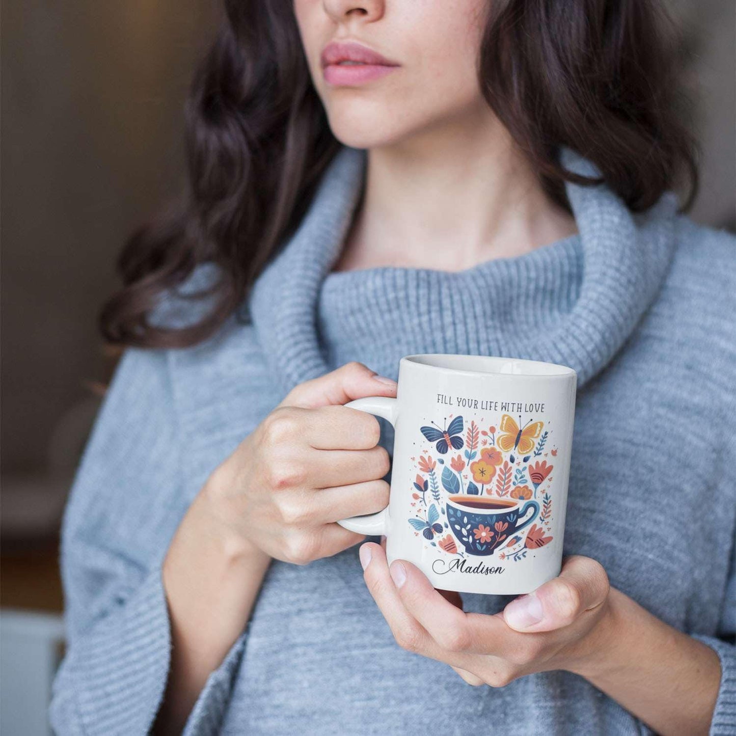 Great Personalized Name On Fill Your Life With Love Travel Mug, Customized White Ceramic Animal Cup Gift For Friends, Custom Butterfly Coffee Mug On Special Occasions 11oz 15oz