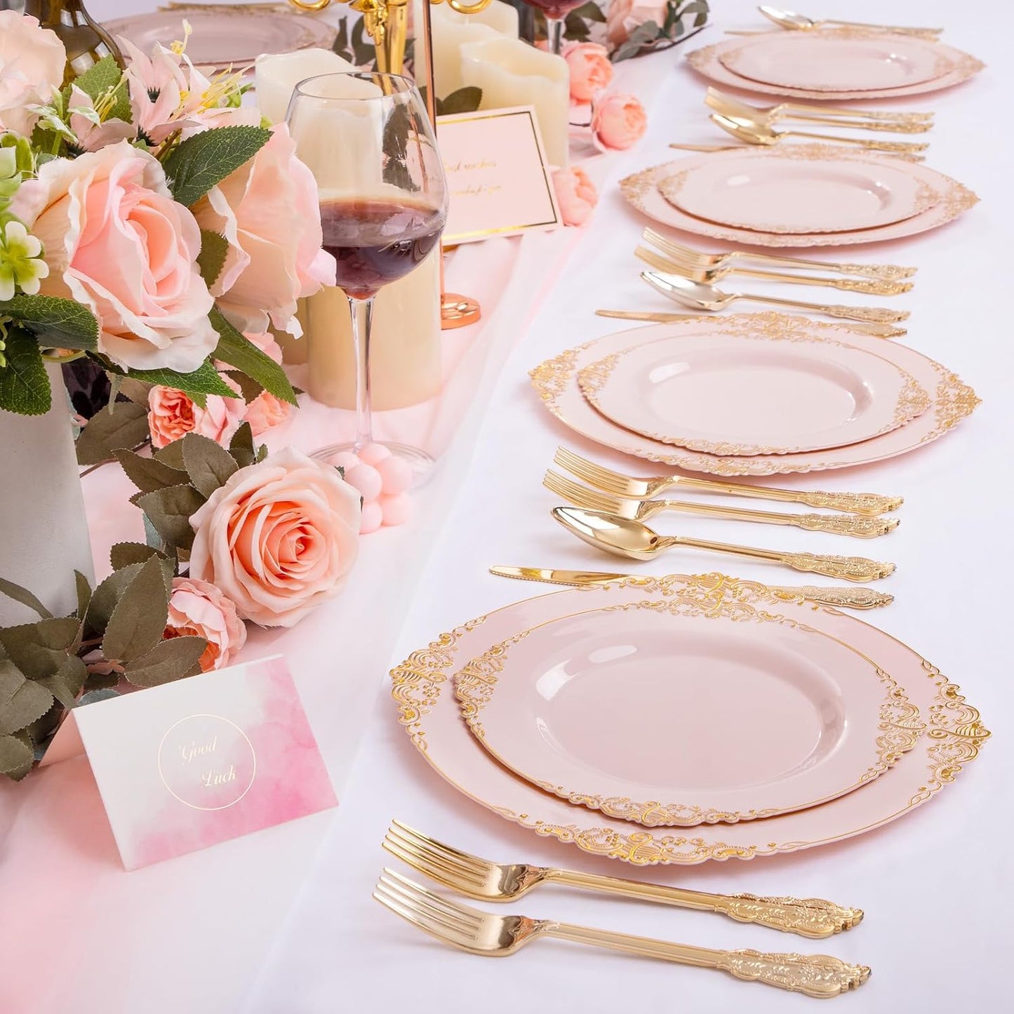 102PCS Pink Plastic Plates - Pink and Gold Plate - Heavyweight Disposable Plate with Gold Rim - Fancy Dinner & Dessert Plates for 51 Guests Weddings & Parties