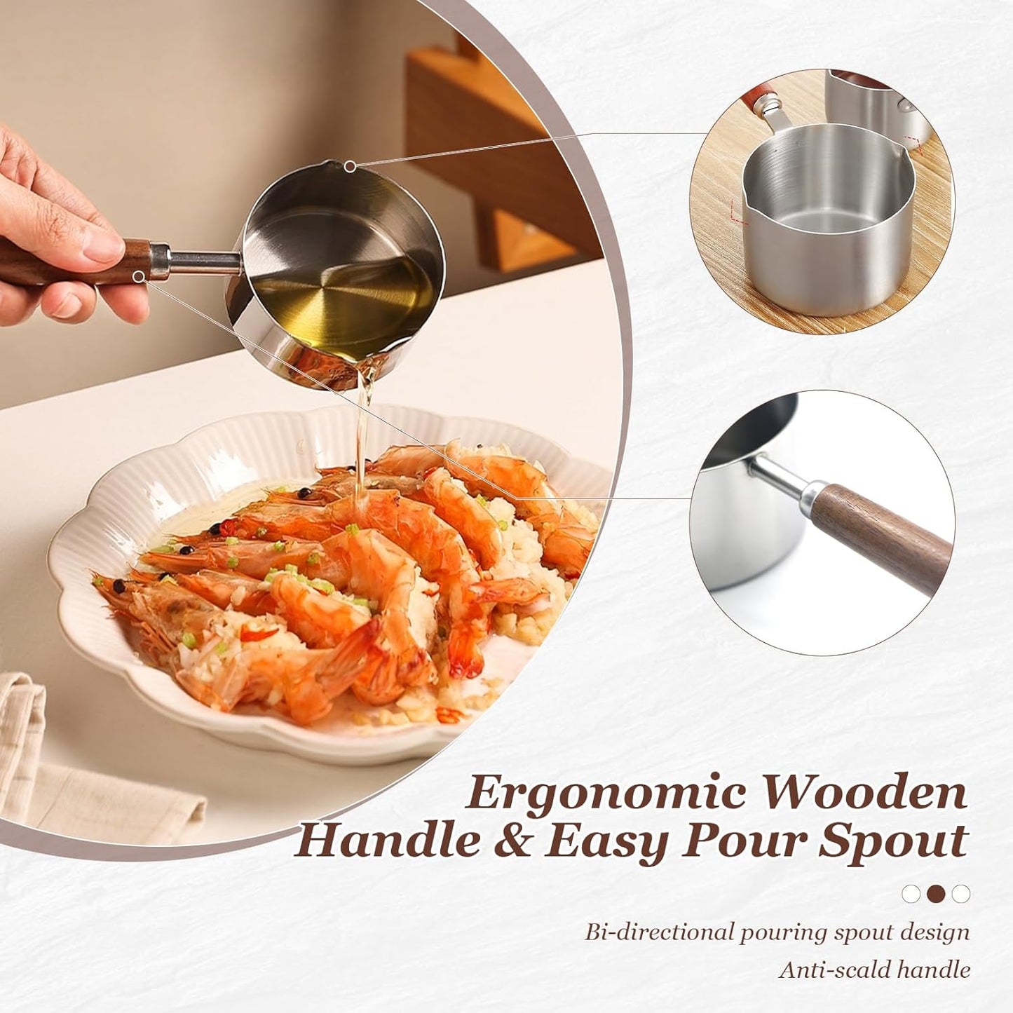 Mini Sauce Pan Cooking Pot with Wooden Handle, Stainless Steel Small Milk Pan and Butter Warmer, with pour spout,250ml