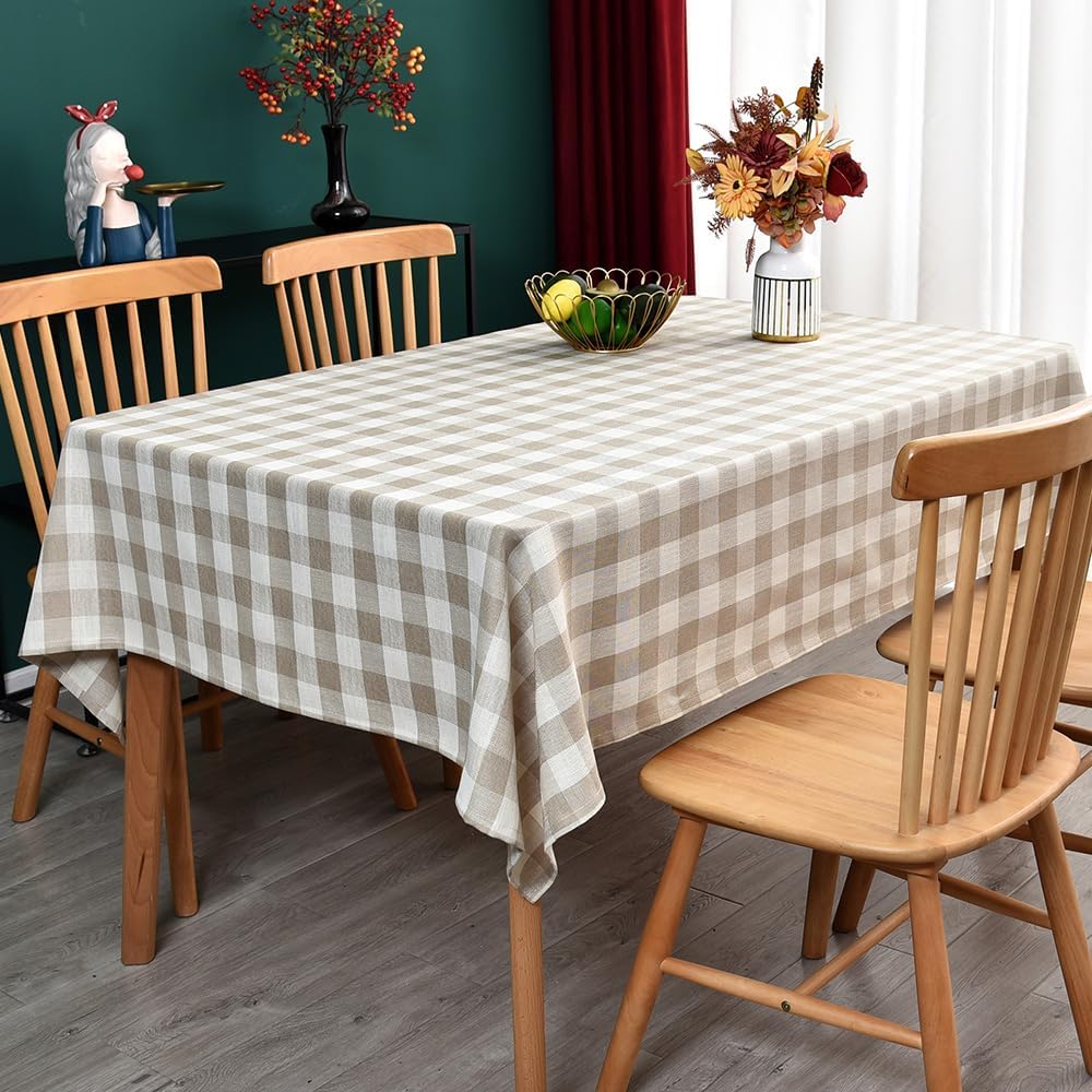Gingham Tablecloth Rectangle Table Cloth Heavy Duty Cotton Checkered Table Cover for Spring Picnic Kitchen Dining(C-Beige, 52x86 inch)