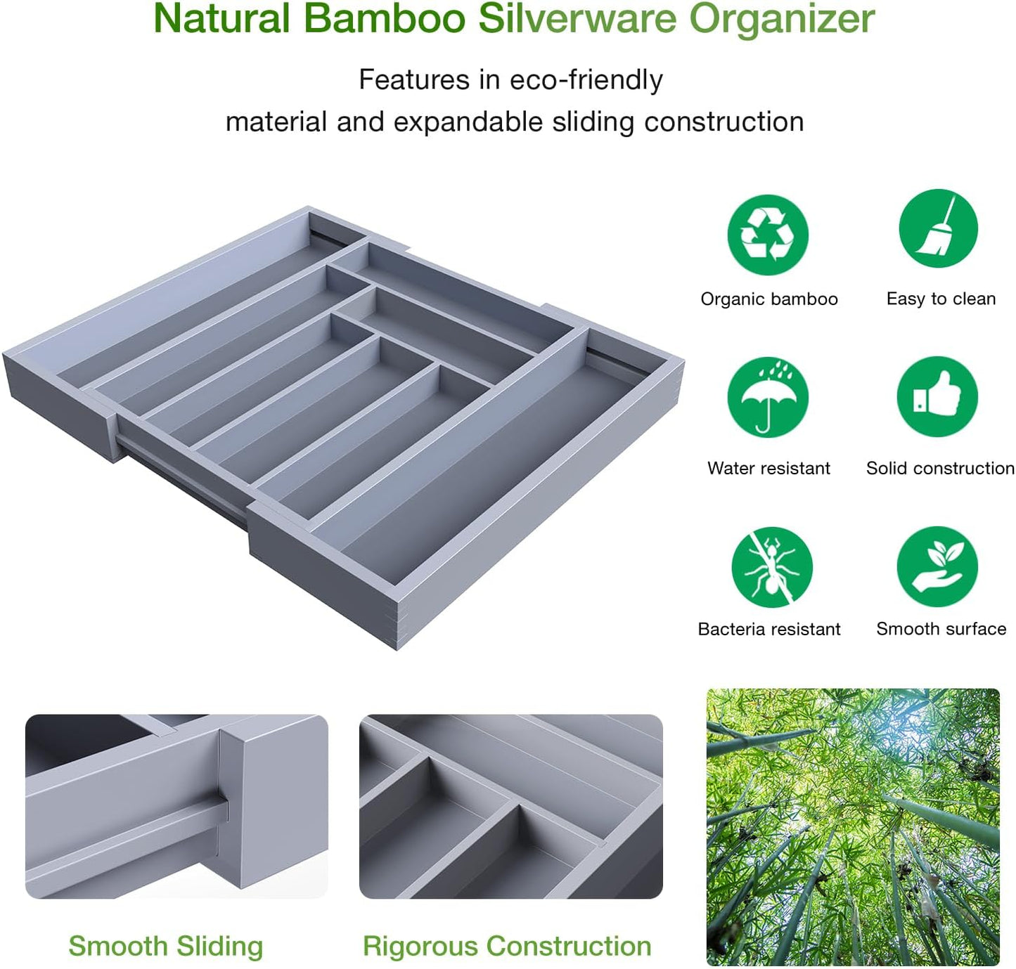 Pipishell Bamboo Expandable Drawer Organizer for Utensils Holder, Adjustable Cutlery Tray, Wood Drawer Dividers Organizer for Silverware, Flatware, Knives in Kitchen, Bedroom, Living Room(Grey)