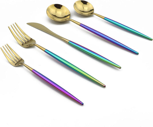 5-Piece Coloful Rainbow Handle Gold Flatware Set, Mirror 18/10 Stainless Steel, Service for 1