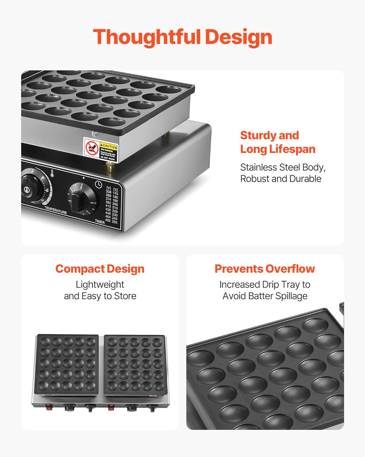 VEVOR 50PCS Mini Dutch Pancake Maker, Non-stick Stainless Steel Dorayaki Baker, 1800W Commercial Electric Poffertjes Grill Pan, Dual Temp & Time Control, for Kitchen Restaurant Breakfast Dessert