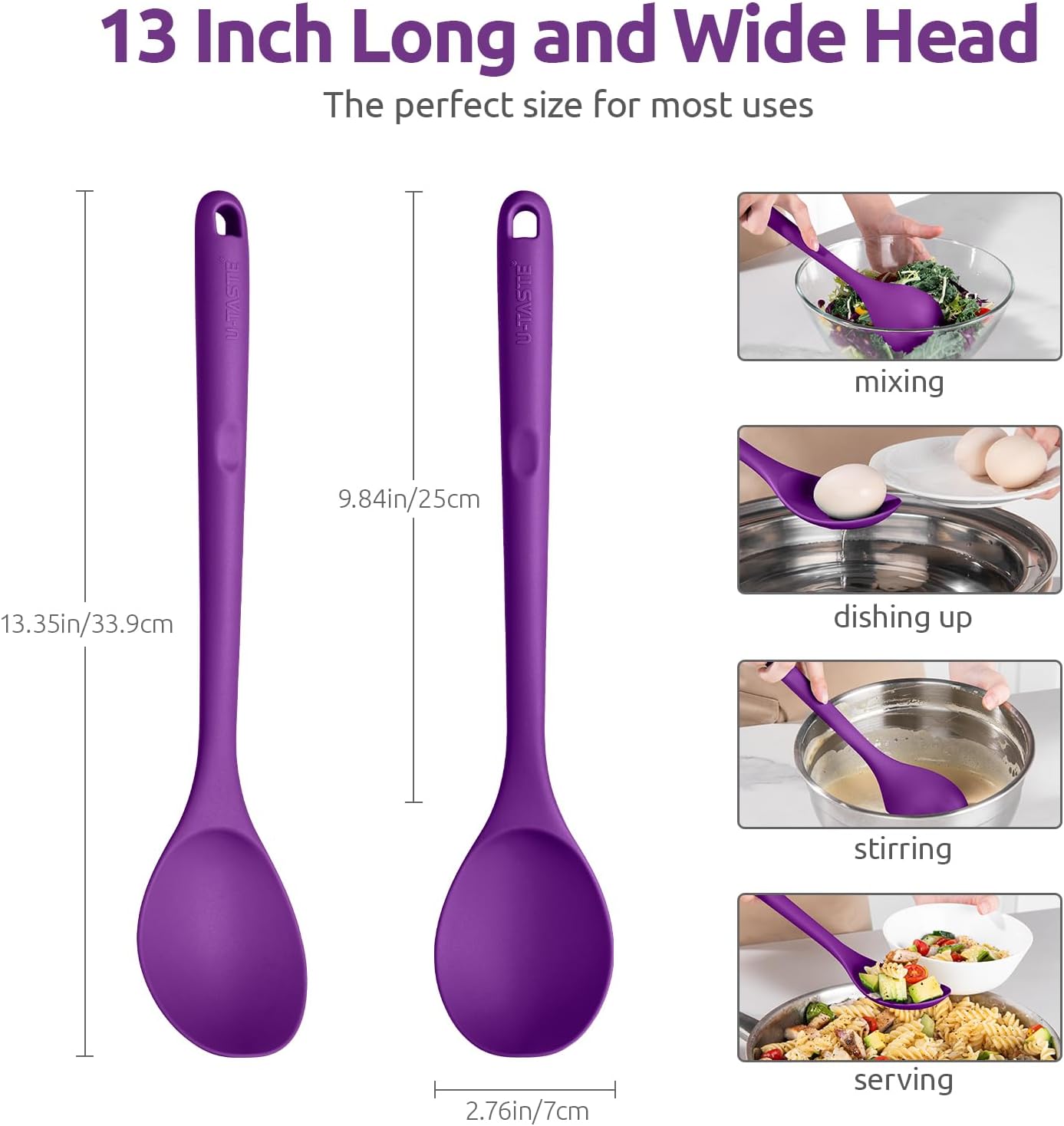 600ºF Heat Resistant Silicone Spoon: U-Taste 13.3in Solid Kitchen Cooking Spoon, Nonstick Food Grade Large & Long Soup Rubber Utensil for Mixing, Serving, Stirring, Basting, for Pot Cookware (Purple)