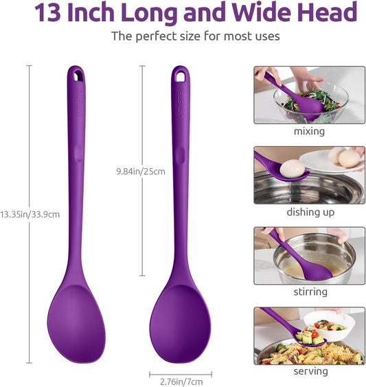 600ºF Heat Resistant Silicone Spoon: U-Taste 13.3in Solid Kitchen Cooking Spoon, Nonstick Food Grade Large & Long Soup Rubber Utensil for Mixing, Serving, Stirring, Basting, for Pot Cookware (Purple)