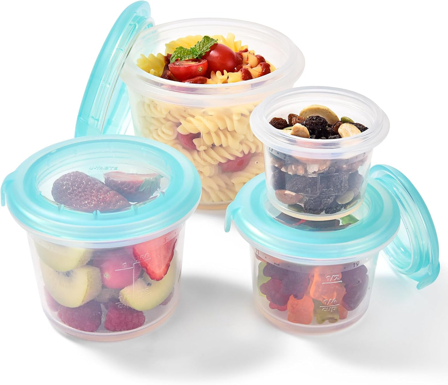 U-Taste Silicone Food Storage Containers Set: Meal Prep Box with Airtight Lid, Freezer & Microwave Safe, Date Marking Circle, Clear cup/oz/ml Measurement for Dry & Wet Deli -2oz/4oz/8oz/16oz, Aqua Sky