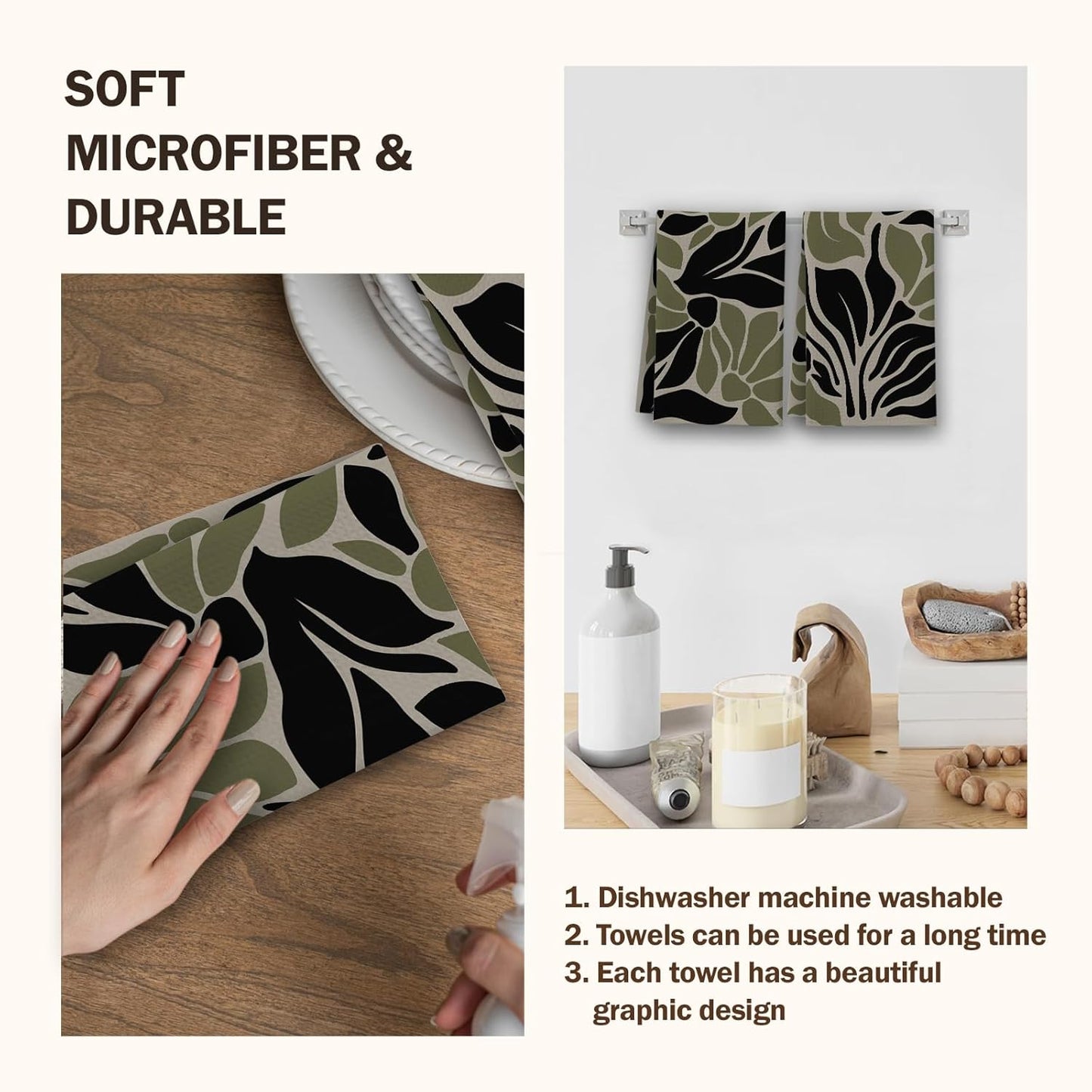 Sage Green Kitchen Towels, Abstract Boho Floral House Hand Towel Set of 2, Retro Gifts for Home Bathroom Holiday Decor - A02