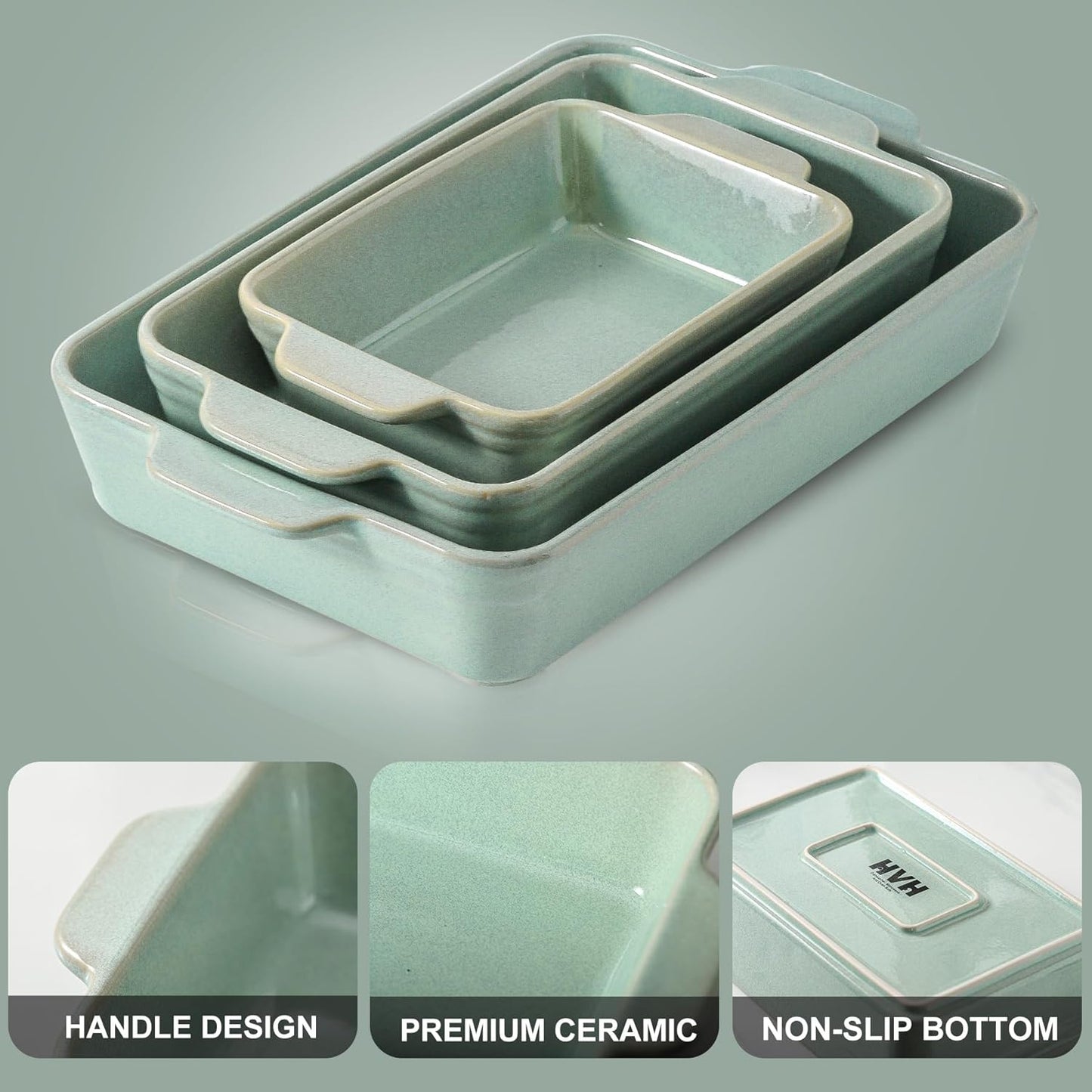 HVH 9x13 Baking Dish Set, Large Casserole Dishes for Oven, Ceramic Bakeware Set of 3, Rectangular Lasagne Pan Deep for Baking (Turquoise)