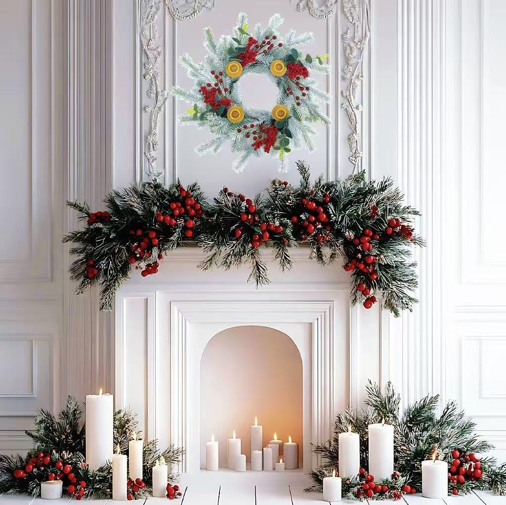 20Inch Christmas Cedar Candle Wreath for Front Door, Artificial Advent Candle Holder with Red Berries Greenery Leaves for Holiday Tabletop Wall Window Porch Candle Decor