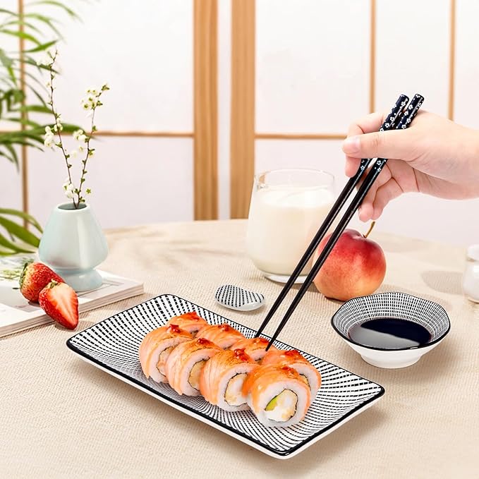 8 Pcs Sushi Plate Set, Ceramic Sushi Serving Set for 2, Japanese Sushi Dinnerware for Wedding Housewarming, Includes 2 Serving Dishes, 2 Sauce Bowls, 2 Pairs of Chopsticks, 2 Chopstick Holders