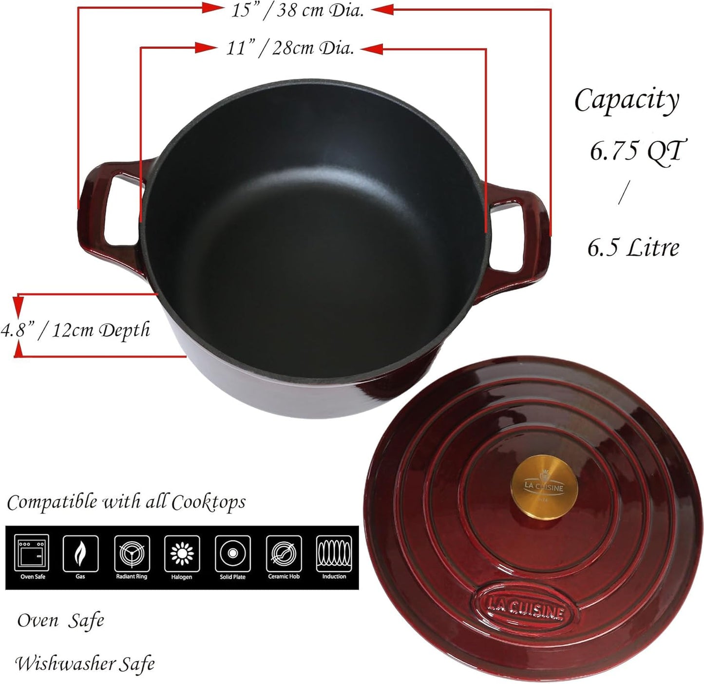 La Cuisine Enameled Cast Iron Dutch Oven Casserole Pot with Lid 6.5 QT 11" /28cm Dia. Internal Matte Black Enamel Coating Gold-Plated SS Lid Handle Oven Safe up to 500° F for bread baking, Cranberry