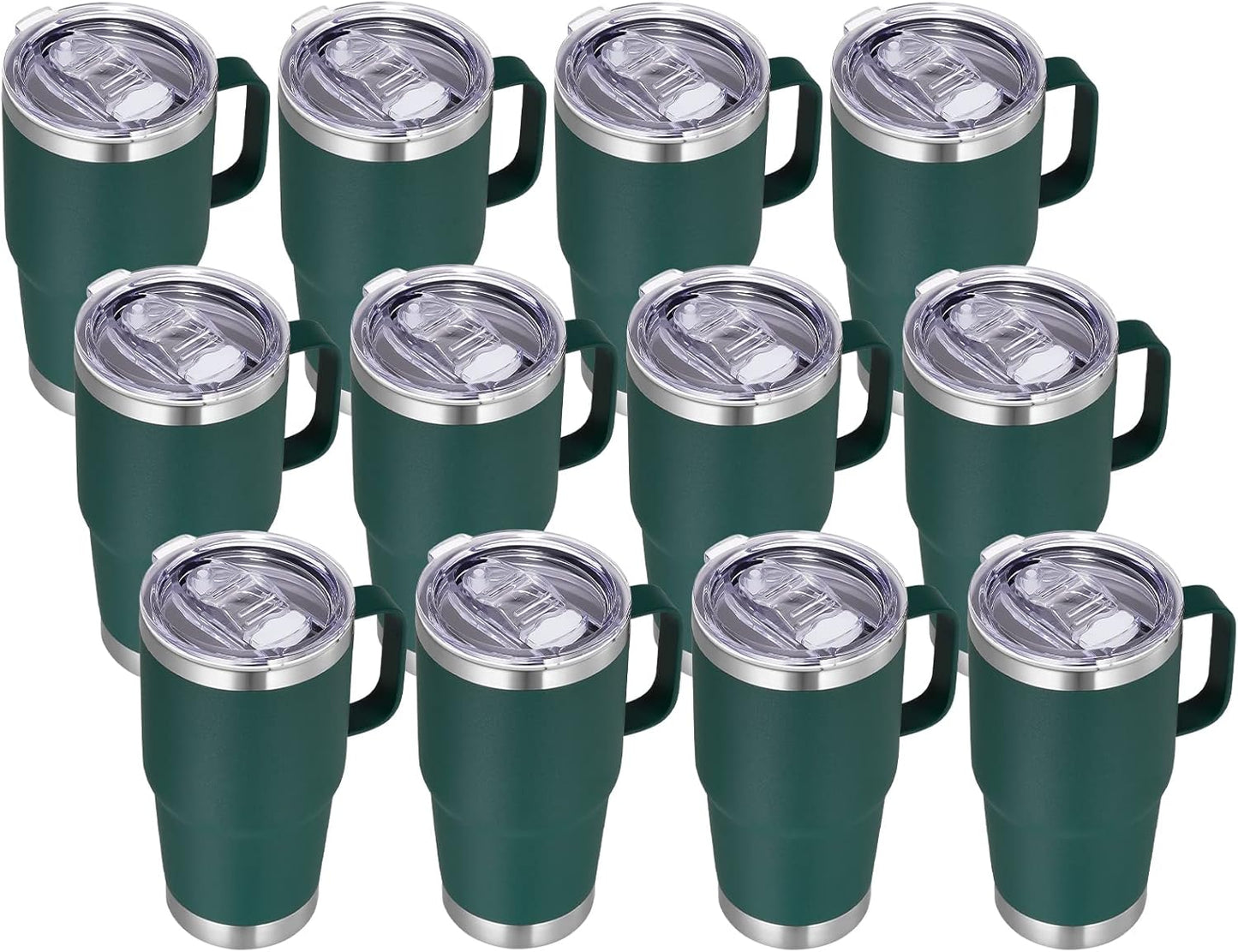 VEGOND 20 oz Tumbler Bulk with Handle Lid and Straw, Stainless Steel Insulated Travel Coffee Mug Set, Spill Proof Double Wall Metal Tumblers Cups, Dark Green 12 Pack