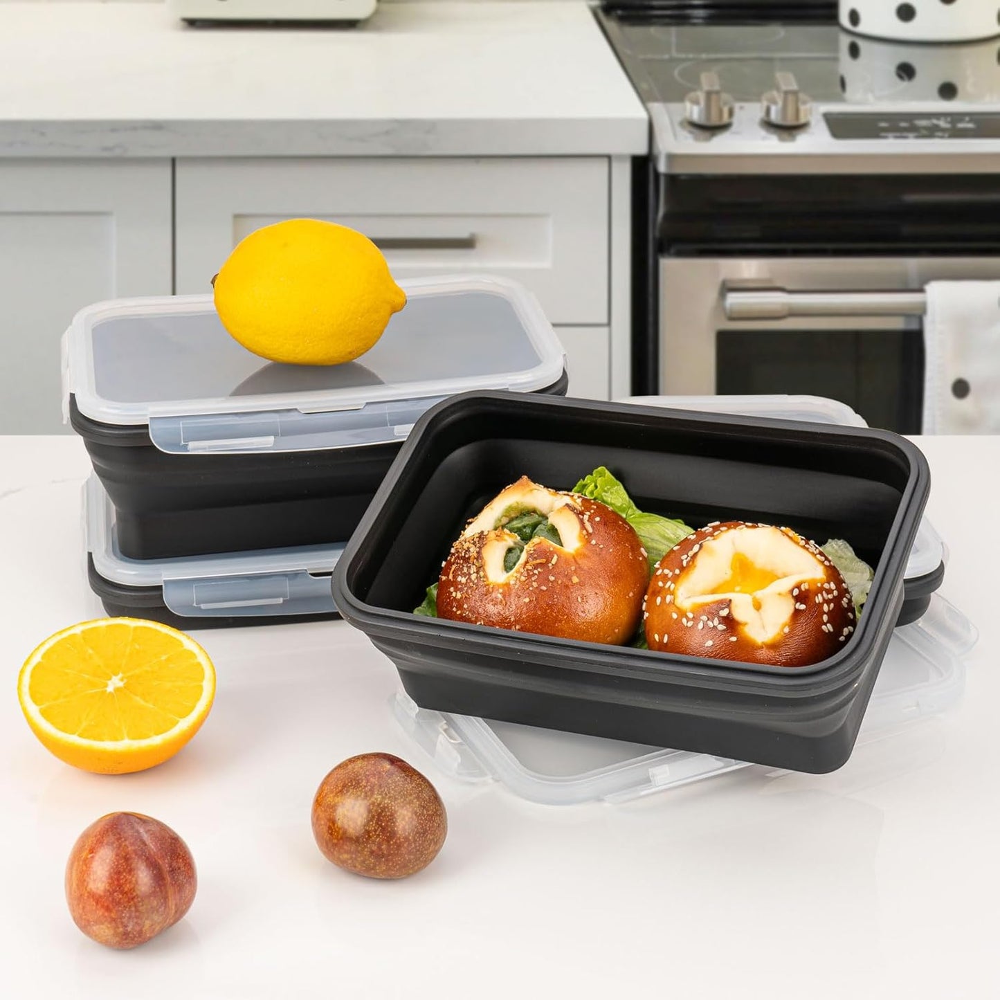 Collapsible Silicone Food Storage Containers Set with Lid & Air Vent,Foldable Lunch Containers(4PCS,Black,40oz)