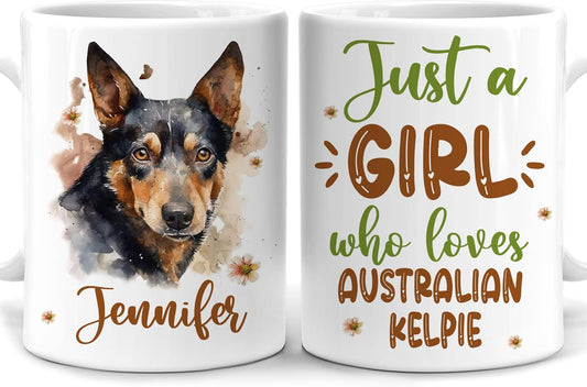 Hyturtle Personalized Gifts Kelpie Lover - Just A Girl Who Loves Kelpies Custom Name Ceramic Coffee Mug Cup 11oz - Idea Cute Dog Lover Gifts For Women, Girl Daughter On Birthday, Christmas