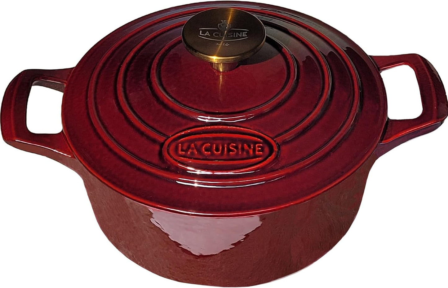 La Cuisine Enameled Cast Iron Dutch Oven Casserole Dish Pot with Lid, 2.1 QT 7.9“ /20cm Dia. Internal Matte Black Enamel Coating, Gold-Plated SS Lid Handle Oven Safe up to 500° F, Cranberry