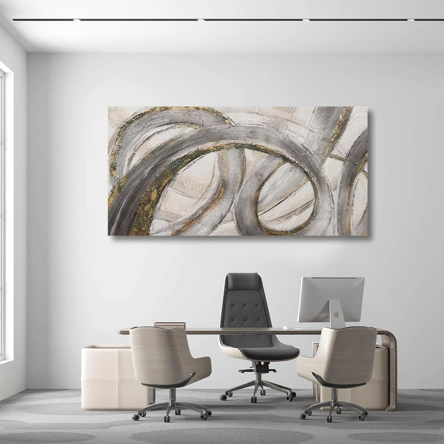 VAYIMDH Grey Modern Artwork Black with Gold Line Abstract Wall Decor Canvas Painting Office Wall Hanging Picture for Living Room 24"x 48" Neutral Wall Art