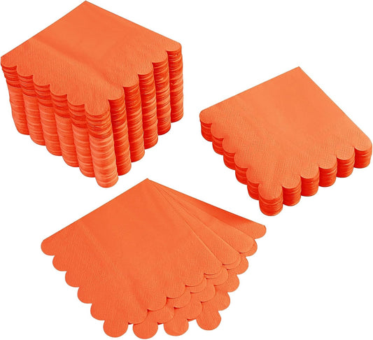 100 Pack Cocktail Napkin 2-Ply Scalloped Edged Dessert Napkins Folded 5 x 5 Inches Disposable Napkins for Dinner Wedding Birthday Party Bridal Anniversary Reception Event (Orange)
