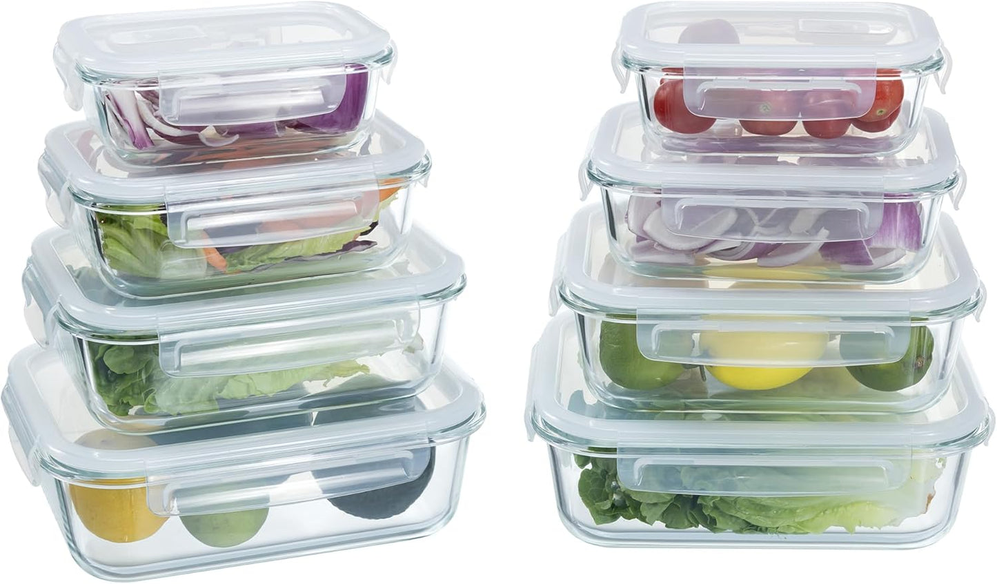 Navaris Glass Food Storage Containers with Lids - Set of 8, Airtight & Lockable - Reusable Meal Prep Containers for Lunch, Leftovers & Picnic - Microwave, Dishwasher & Oven Ready