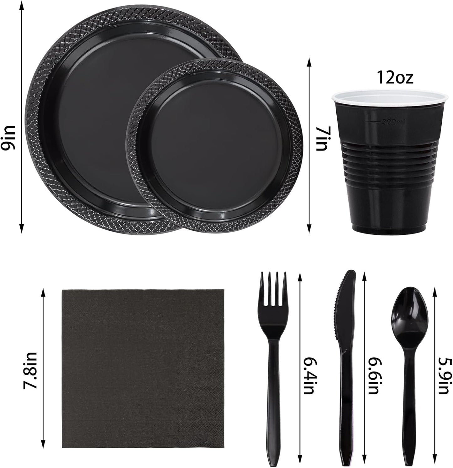 WELLIFE 210Pcs Black Plastic Plates, Disposable Dinnerware Set, Party Supplies Including Black plates, 12oz Cups, plastic Cutlery and Napkins Serve 30 Guests, Plastic Plates for Party and Halloween