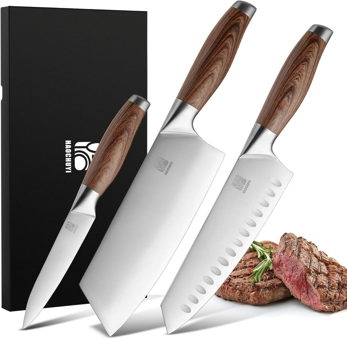 3-Piece Professional Chef Knife Set - Ultra-Sharp Kitchen Knives with Ergonomic Steel Handle, Ideal for Home, Outdoor, Camping, BBQ, and Gifts for Men