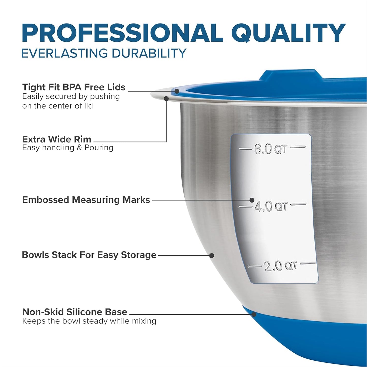 VIKING Mixing Bowls Set, 10 Piece Stainless Steel Kitchen Cookware, Non-Slip Silicone Base, Includes Tight Fit Lids, Dishwasher Safe, Blue